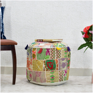 Cotton Gwen Pouffe/Ottoman Khambadiya Patchwork - White